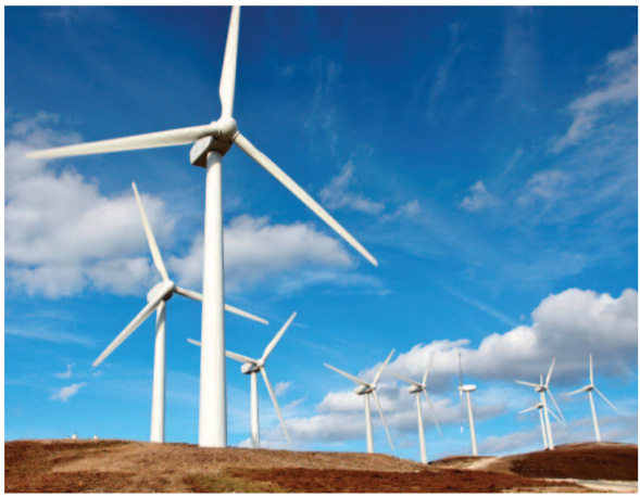 WInd farm with bright blue sky in the background