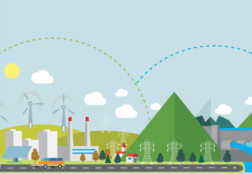 Graphic of a car driving on a road with wind, electric energy